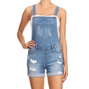 Women’s Light Wash Distressed Denim Short Overalls